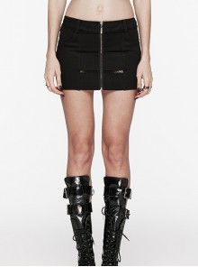 Personalized Black Stretch Twill Spliced Perforated Diamond Mesh Punk Style Zipper Denim Skirt
