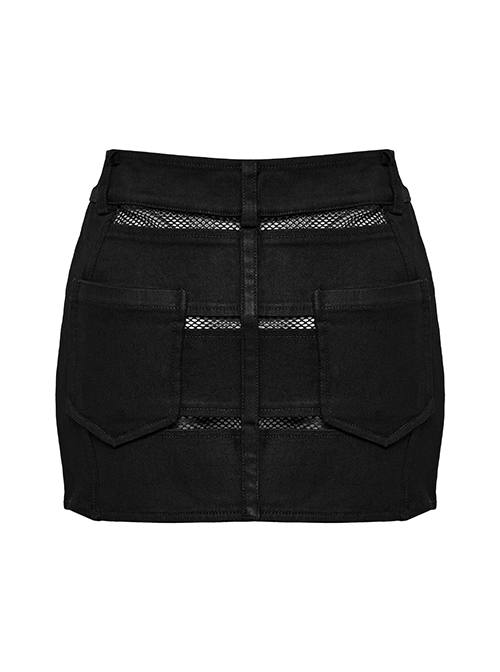 Personalized Black Stretch Twill Spliced Perforated Diamond Mesh Punk Style Zipper Denim Skirt