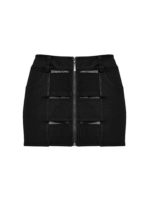 Personalized Black Stretch Twill Spliced Perforated Diamond Mesh Punk Style Zipper Denim Skirt