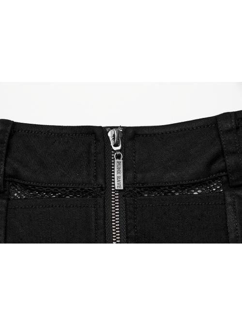 Personalized Black Stretch Twill Spliced Perforated Diamond Mesh Punk Style Zipper Denim Skirt