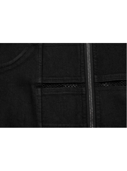 Personalized Black Stretch Twill Spliced Perforated Diamond Mesh Punk Style Zipper Denim Skirt