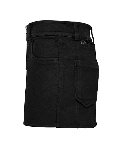 Personalized Black Stretch Twill Spliced Perforated Diamond Mesh Punk Style Zipper Denim Skirt