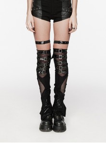 Handsome Black PU Leather Stitching Muscular Knitted Front Chinese And Japanese Button Decoration Punk Style Asymmetrical Leg Warmers