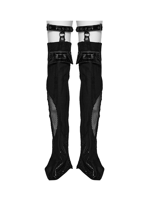 Handsome Black PU Leather Stitching Muscular Knitted Front Chinese And Japanese Button Decoration Punk Style Asymmetrical Leg Warmers