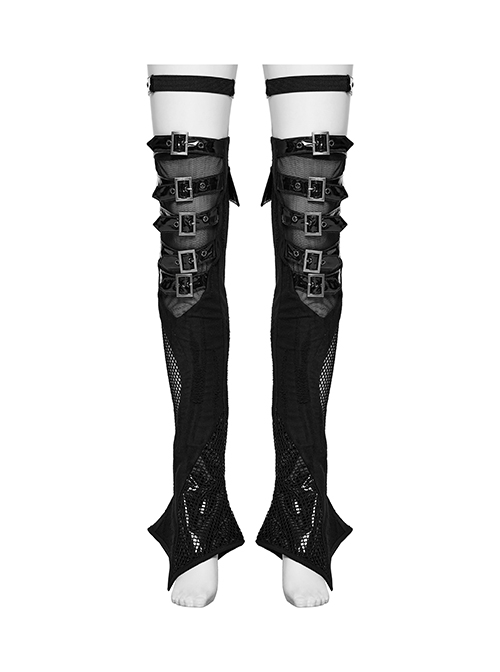 Handsome Black PU Leather Stitching Muscular Knitted Front Chinese And Japanese Button Decoration Punk Style Asymmetrical Leg Warmers