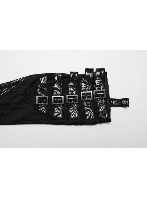 Handsome Black PU Leather Stitching Muscular Knitted Front Chinese And Japanese Button Decoration Punk Style Asymmetrical Leg Warmers