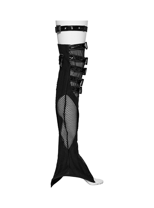 Handsome Black PU Leather Stitching Muscular Knitted Front Chinese And Japanese Button Decoration Punk Style Asymmetrical Leg Warmers