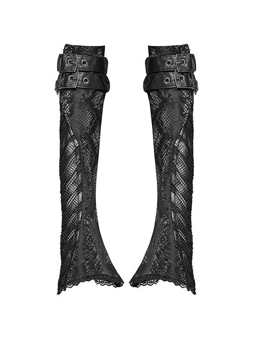 Personalized Black Pu Leather Spliced With Elastic Snake Pattern Embossed Detachable Buckle Punk Style Handsome Gloves