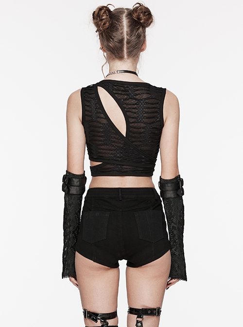 Personalized Black Pu Leather Spliced With Elastic Snake Pattern Embossed Detachable Buckle Punk Style Handsome Gloves