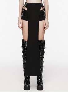 Personalized Black Stretch Twill Hollow Side Metal Ring Embellished Punk Style Patchwork Shorts