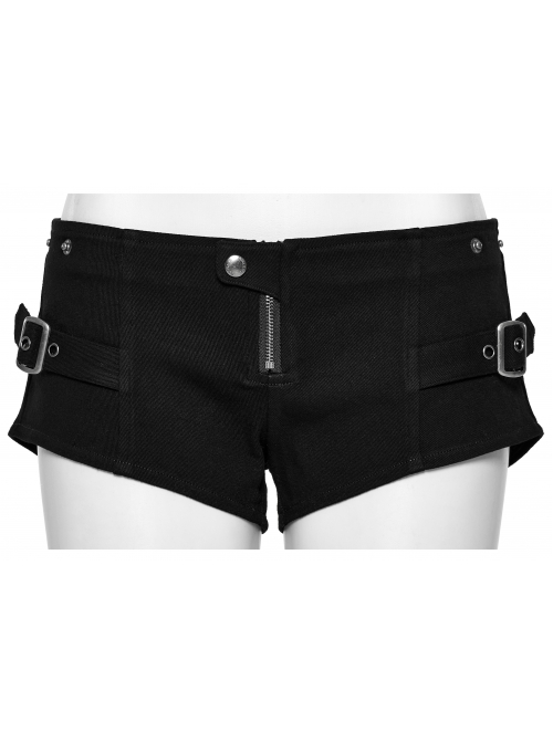 Personalized Black Stretch Twill Hollow Side Metal Ring Embellished Punk Style Patchwork Shorts