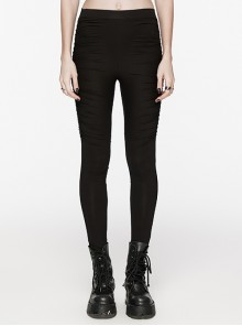 Black Stretchy Pleated Side Studded Stylish Punk Style Tight Knit Pants