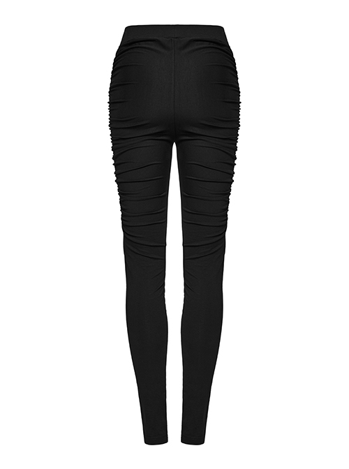Black Stretchy Pleated Side Studded Stylish Punk Style Tight Knit Pants