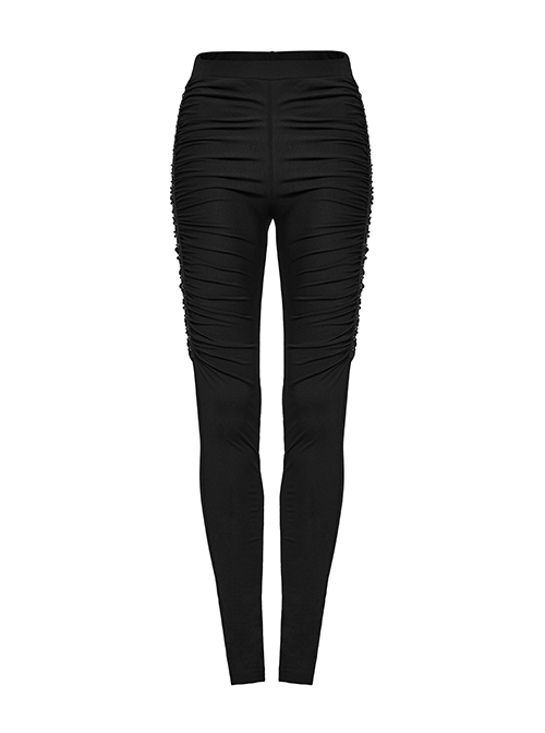 Black Stretchy Pleated Side Studded Stylish Punk Style Tight Knit Pants