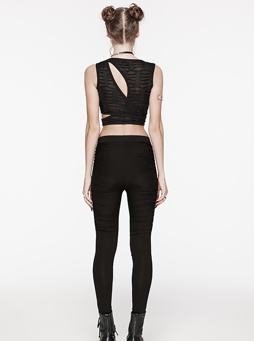 Black Stretchy Pleated Side Studded Stylish Punk Style Tight Knit Pants
