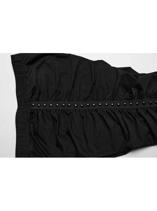Black Stretchy Pleated Side Studded Stylish Punk Style Tight Knit Pants