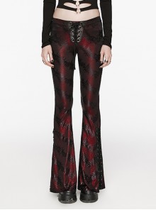 Gorgeous Black And Red Cracked Knit Trousers With Leg Laces And Punk Style Flared Trousers