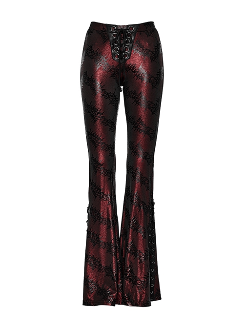 Gorgeous Black And Red Cracked Knit Trousers With Leg Laces And Punk Style Flared Trousers