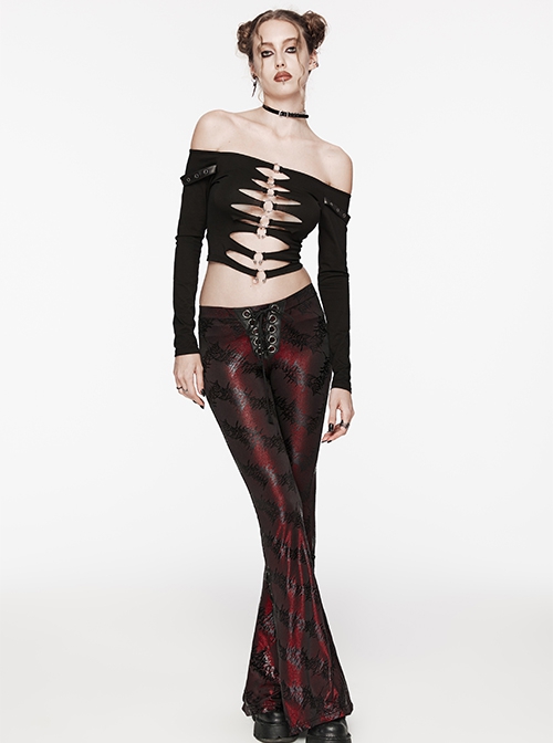 Gorgeous Black And Red Cracked Knit Trousers With Leg Laces And Punk Style Flared Trousers