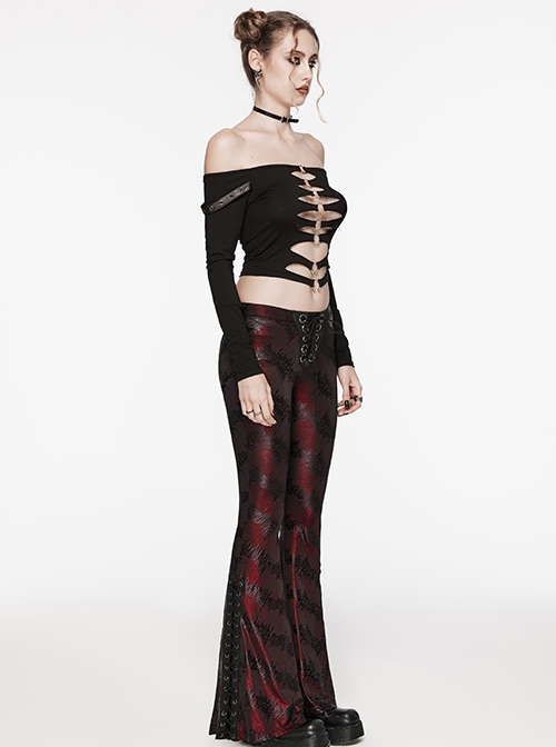 Gorgeous Black And Red Cracked Knit Trousers With Leg Laces And Punk Style Flared Trousers