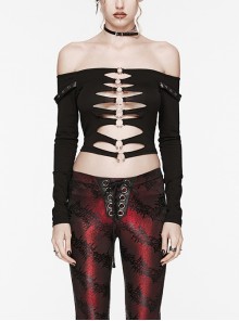 Sexy Black One Line Collar Stretch Hollow Knitted Metal Hoop Punk Style Open T-Shirt