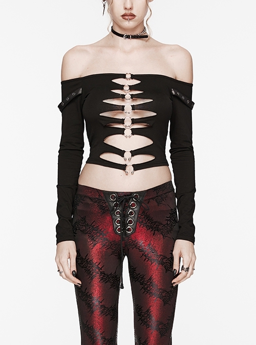 Sexy Black One Line Collar Stretch Hollow Knitted Metal Hoop Punk Style Open T-Shirt