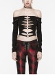 Sexy Black One Line Collar Stretch Hollow Knitted Metal Hoop Punk Style Open T-Shirt