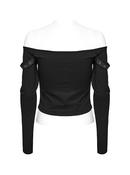 Sexy Black One Line Collar Stretch Hollow Knitted Metal Hoop Punk Style Open T-Shirt