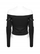 Sexy Black One Line Collar Stretch Hollow Knitted Metal Hoop Punk Style Open T-Shirt