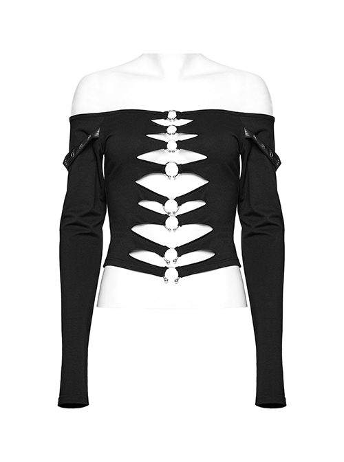 Sexy Black One Line Collar Stretch Hollow Knitted Metal Hoop Punk Style Open T-Shirt