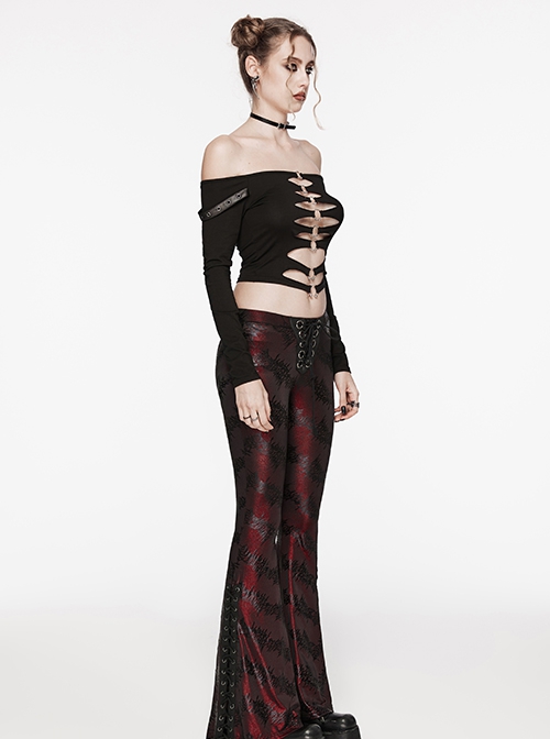 Sexy Black One Line Collar Stretch Hollow Knitted Metal Hoop Punk Style Open T-Shirt