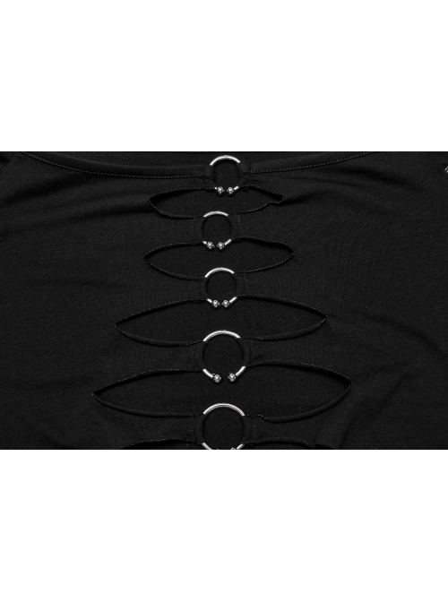 Sexy Black One Line Collar Stretch Hollow Knitted Metal Hoop Punk Style Open T-Shirt