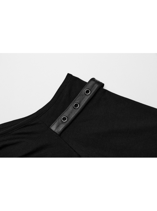 Sexy Black One Line Collar Stretch Hollow Knitted Metal Hoop Punk Style Open T-Shirt