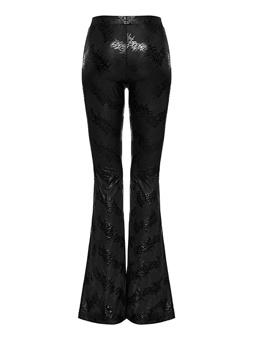 Black Stretch Cracked Knit Side Tie Embellished Punk Style Daily Low Rise Flared Pants