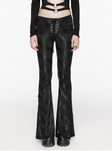 Black Stretch Cracked Knit Side Tie Embellished Punk Style Daily Low Rise Flared Pants