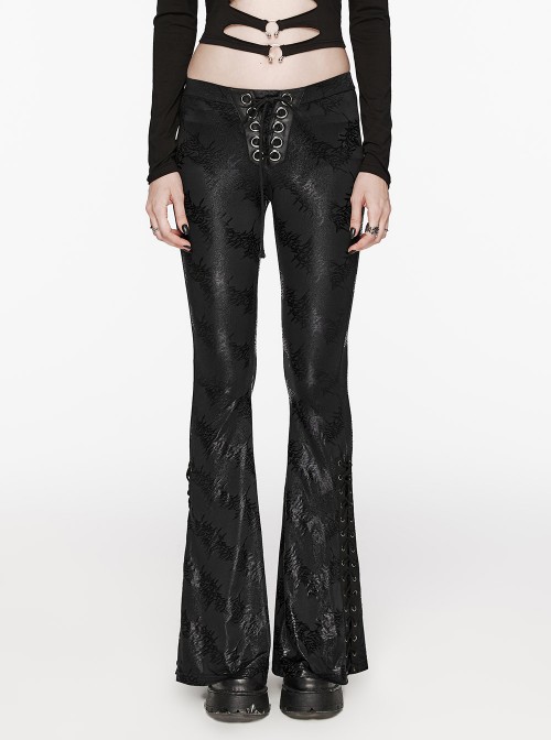 Black Stretch Cracked Knit Side Tie Embellished Punk Style Daily Low Rise Flared Pants