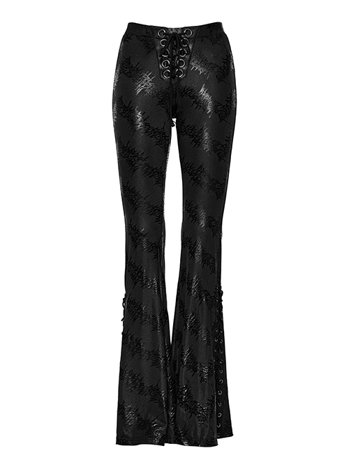 Black Stretch Cracked Knit Side Tie Embellished Punk Style Daily Low Rise Flared Pants