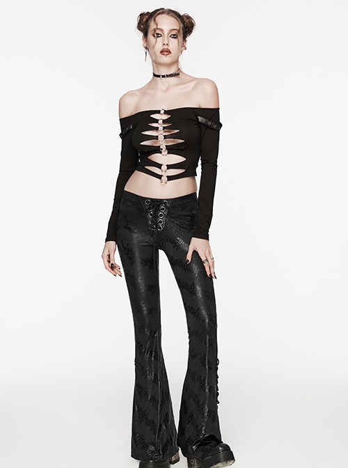 Black Stretch Cracked Knit Side Tie Embellished Punk Style Daily Low Rise Flared Pants