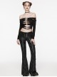Black Stretch Cracked Knit Side Tie Embellished Punk Style Daily Low Rise Flared Pants