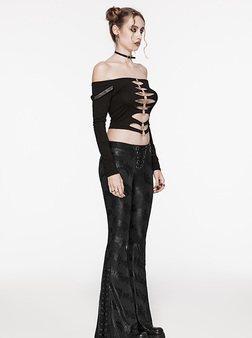 Black Stretch Cracked Knit Side Tie Embellished Punk Style Daily Low Rise Flared Pants