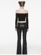Black Stretch Cracked Knit Side Tie Embellished Punk Style Daily Low Rise Flared Pants