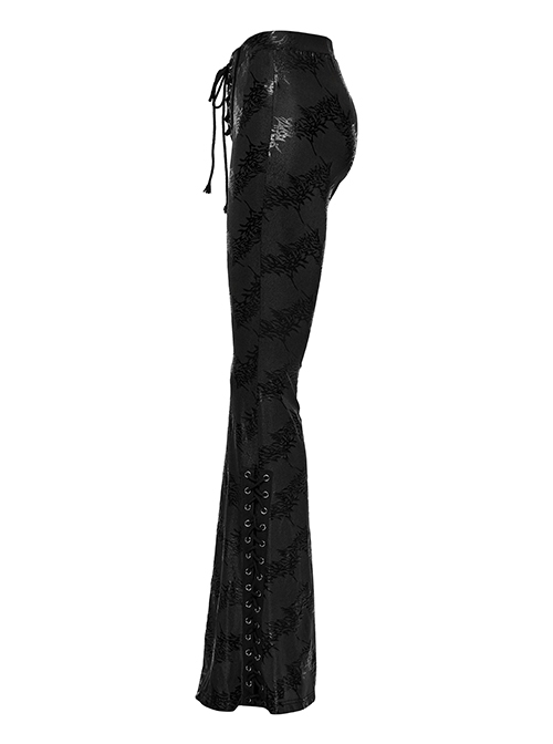 Black Stretch Cracked Knit Side Tie Embellished Punk Style Daily Low Rise Flared Pants