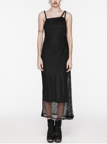 Sexy Black Stretch Mesh Patchwork Taped Side Drawstring Decorative Gothic Style Asymmetric Suspender Dress