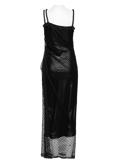 Sexy Black Stretch Mesh Patchwork Taped Side Drawstring Decorative Gothic Style Asymmetric Suspender Dress
