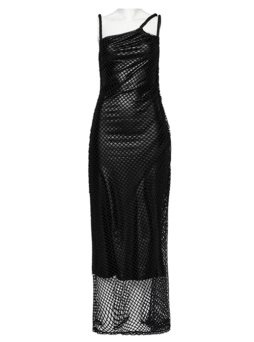 Sexy Black Stretch Mesh Patchwork Taped Side Drawstring Decorative Gothic Style Asymmetric Suspender Dress