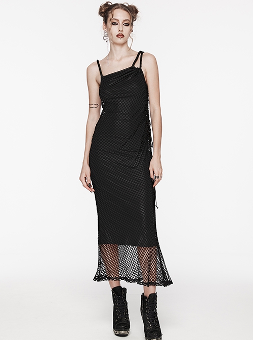 Sexy Black Stretch Mesh Patchwork Taped Side Drawstring Decorative Gothic Style Asymmetric Suspender Dress
