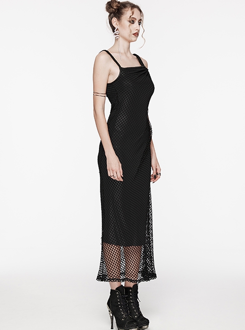 Sexy Black Stretch Mesh Patchwork Taped Side Drawstring Decorative Gothic Style Asymmetric Suspender Dress