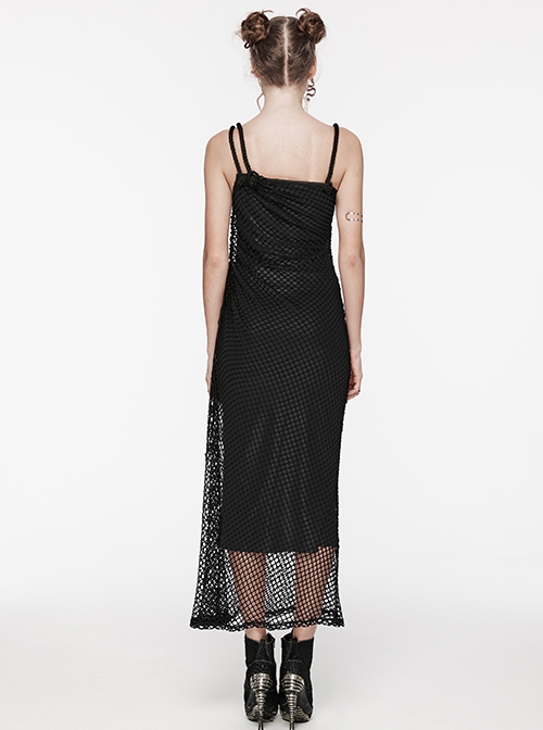 Sexy Black Stretch Mesh Patchwork Taped Side Drawstring Decorative Gothic Style Asymmetric Suspender Dress