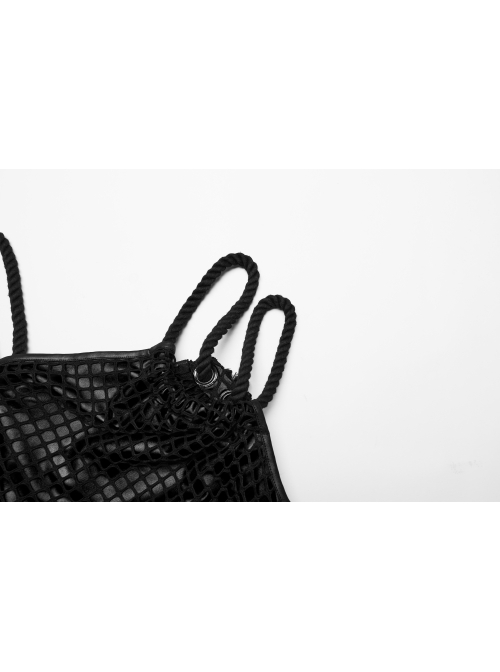 Sexy Black Stretch Mesh Patchwork Taped Side Drawstring Decorative Gothic Style Asymmetric Suspender Dress