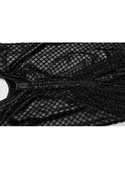 Sexy Black Stretch Mesh Patchwork Taped Side Drawstring Decorative Gothic Style Asymmetric Suspender Dress
